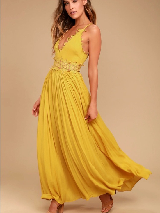 Lulus Dresses & Skirts - Lulus This is Love Lace Maxi Dress Women's Small Yellow Crochet Trim Deep V Neck